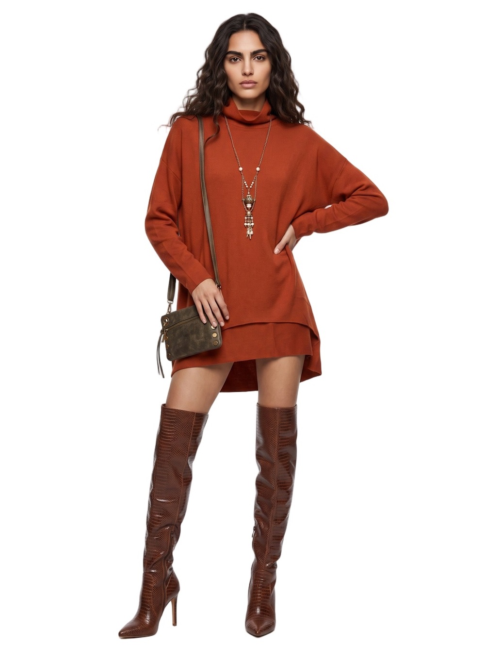 AMAZON Burnt Orange Mockneck Longsleeve knit tunic Sweater Oversized Sz M